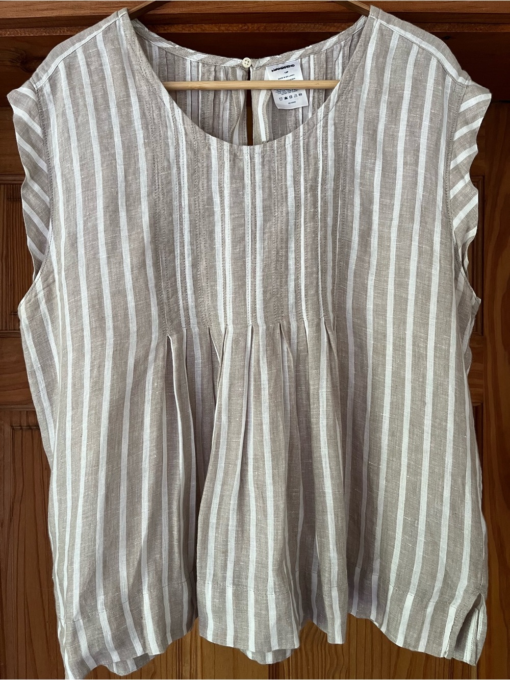 100% Linen Lands' End Natural and White Striped Pleat-Front Top